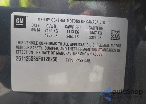 2015 Chevrolet Impala 2Lt from USA, damaged, VIN 2G1125S35F9128258